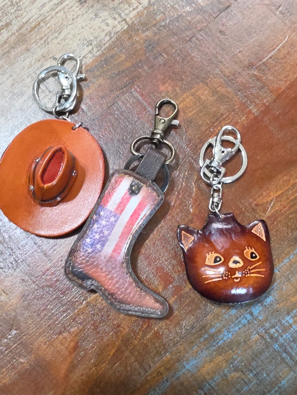 Western Leather Wood Cowboy Boot Cat Hat Keychain American Flag Charm Lot